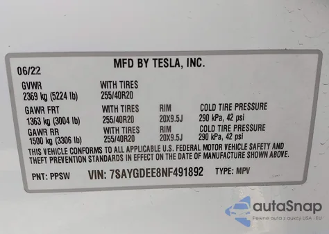 2022 Tesla Model Y из США, поврежденный, VIN 7SAYGDEE8NF491892